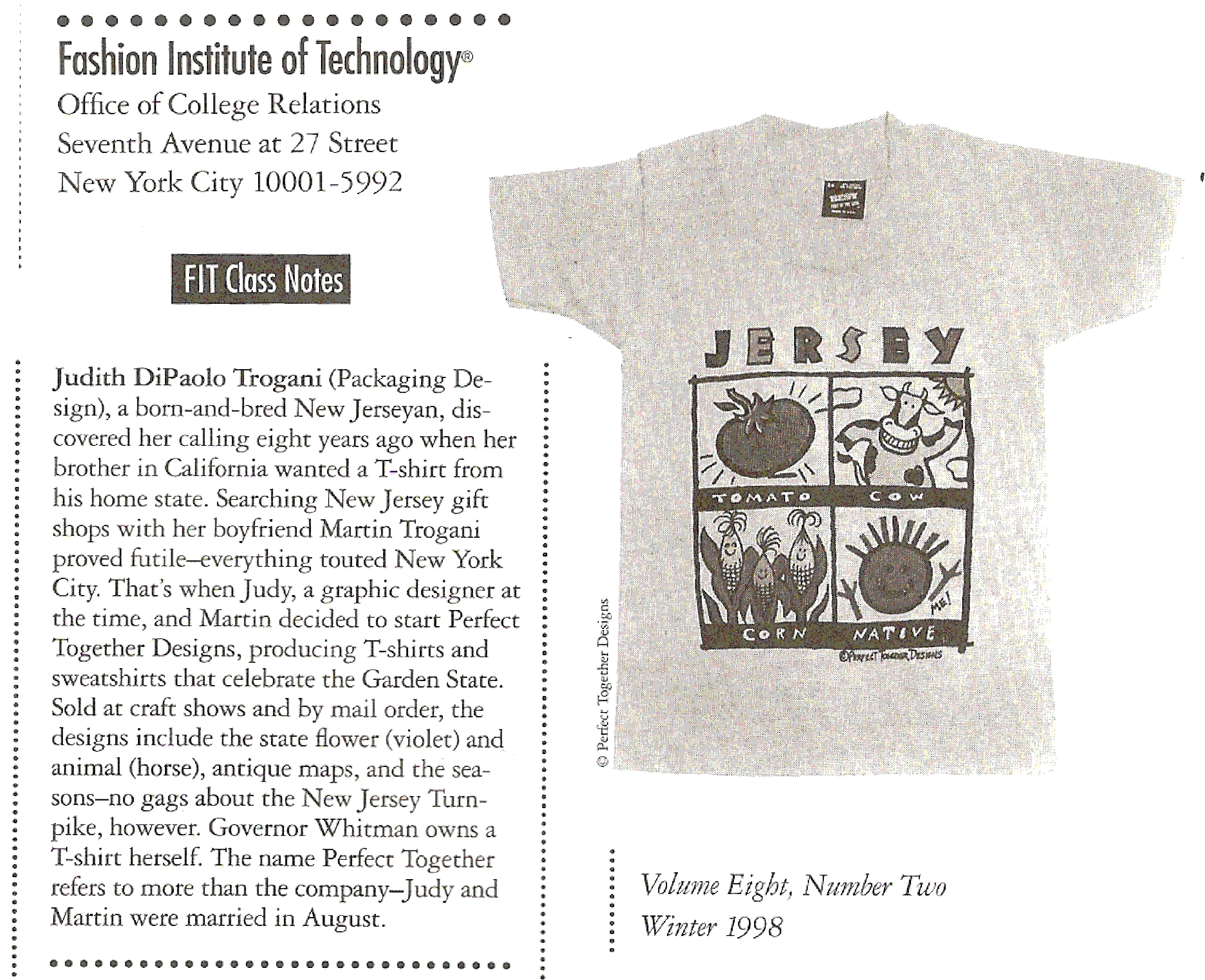 Gray t-shirt with 'Jersey' design on a magazine page with text about its creation.