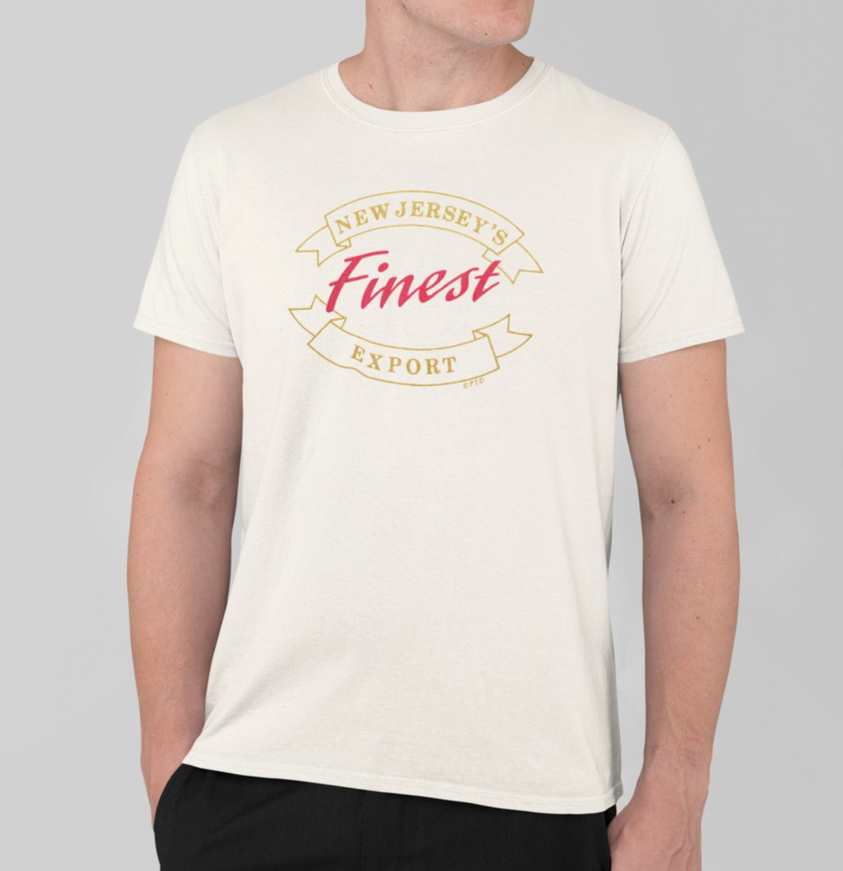 Person wearing a white t-shirt with 'New Jersey's Finest Export' text on a plain background