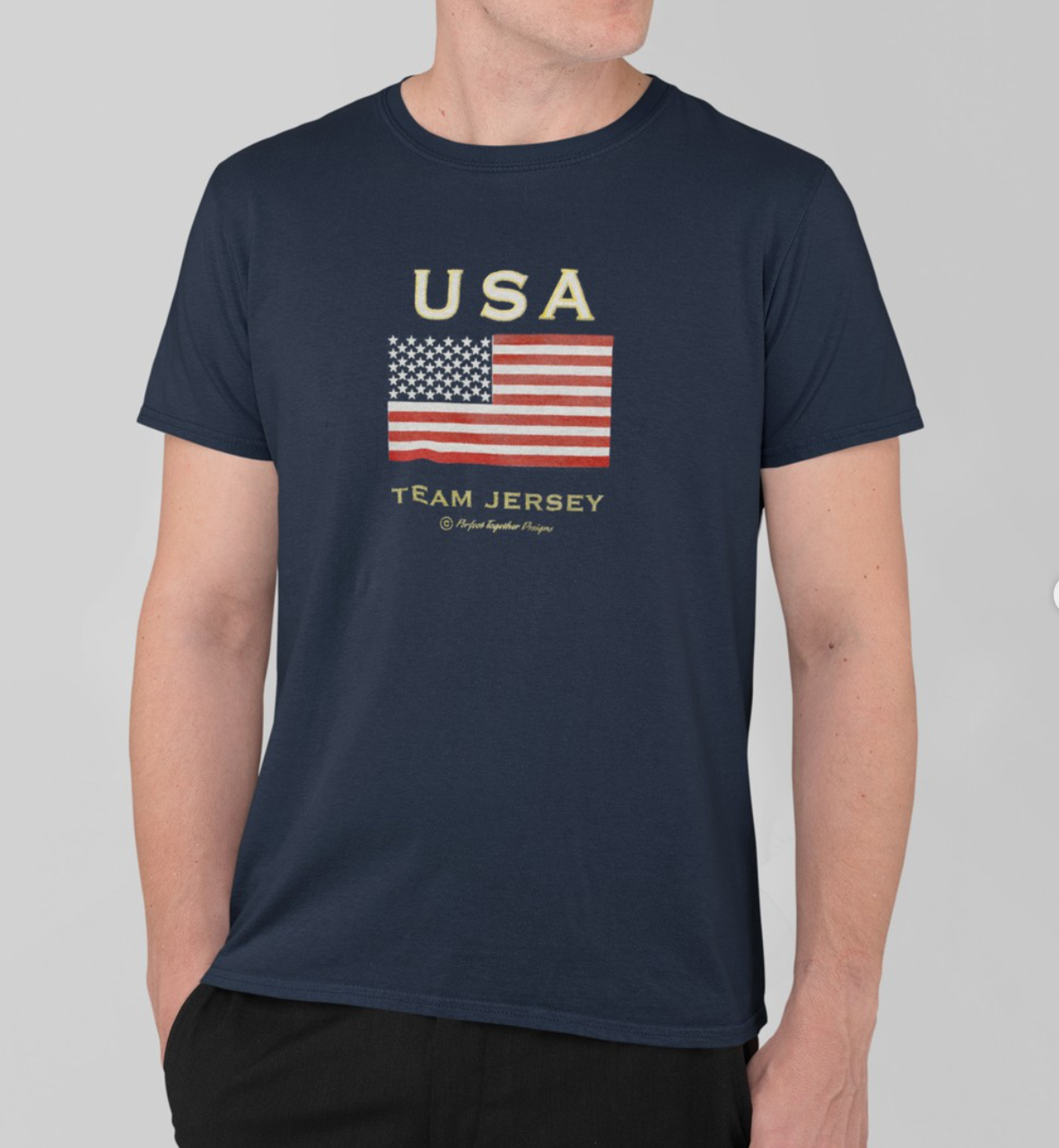 Navy blue t-shirt with USA flag and 'Team Jersey' text on a gray background