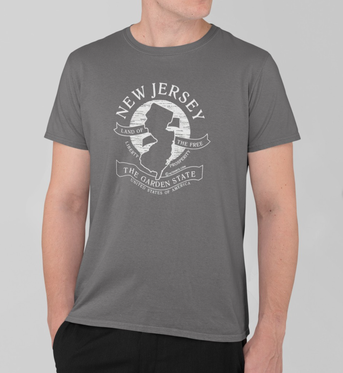 Person wearing a gray t-shirt with 'New Jersey' graphic design on a plain background