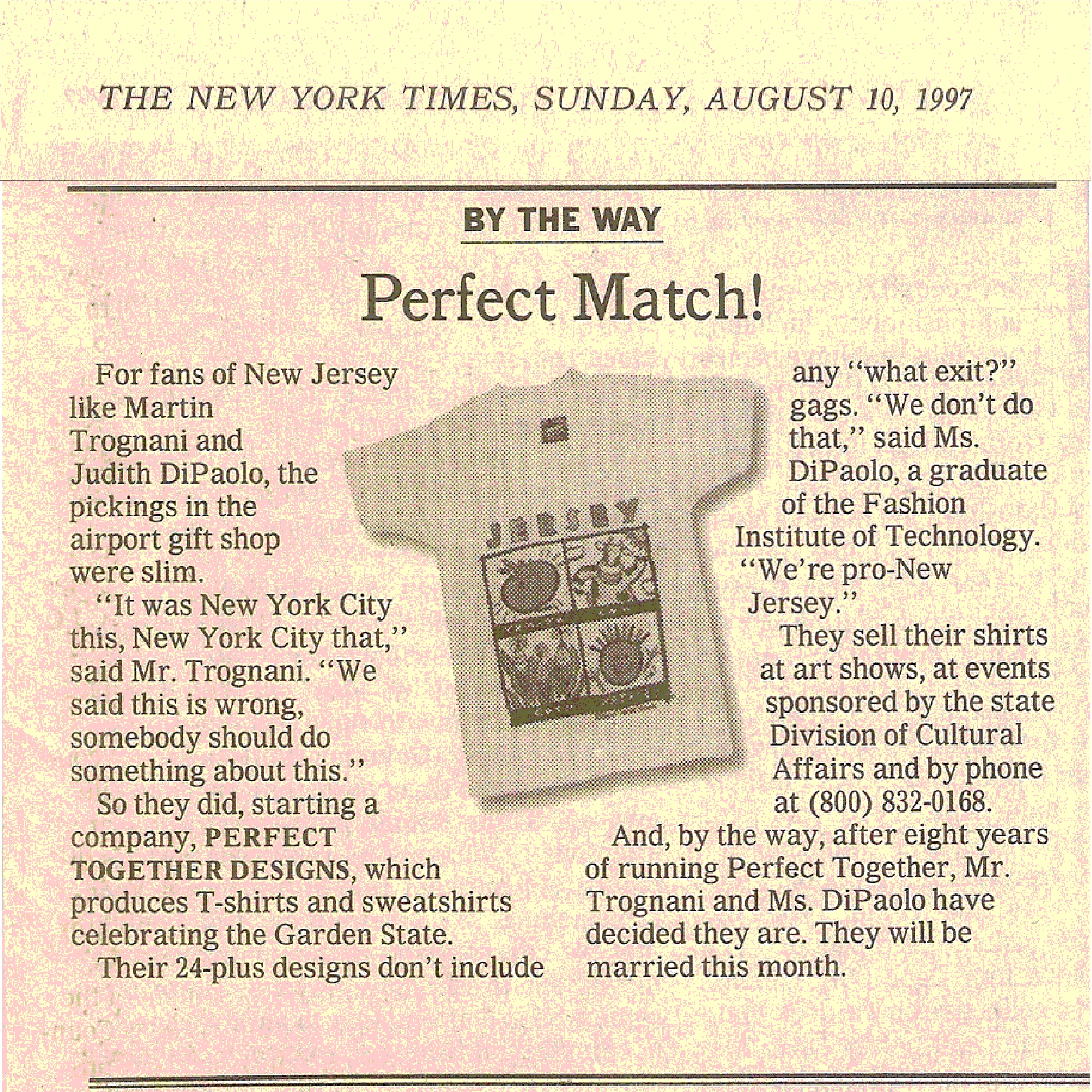Newspaper clipping from The New York Times featuring a t-shirt with 'Jersey' design and text about Perfect Together Designs.