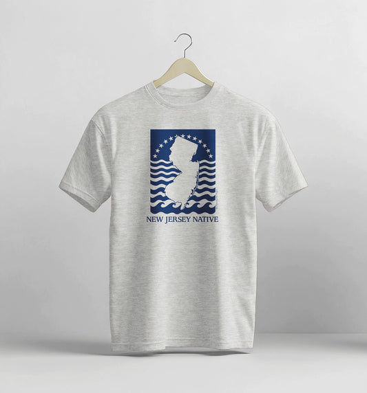 Gray t-shirt with New Jersey Native graphic on a hanger against a light gray background