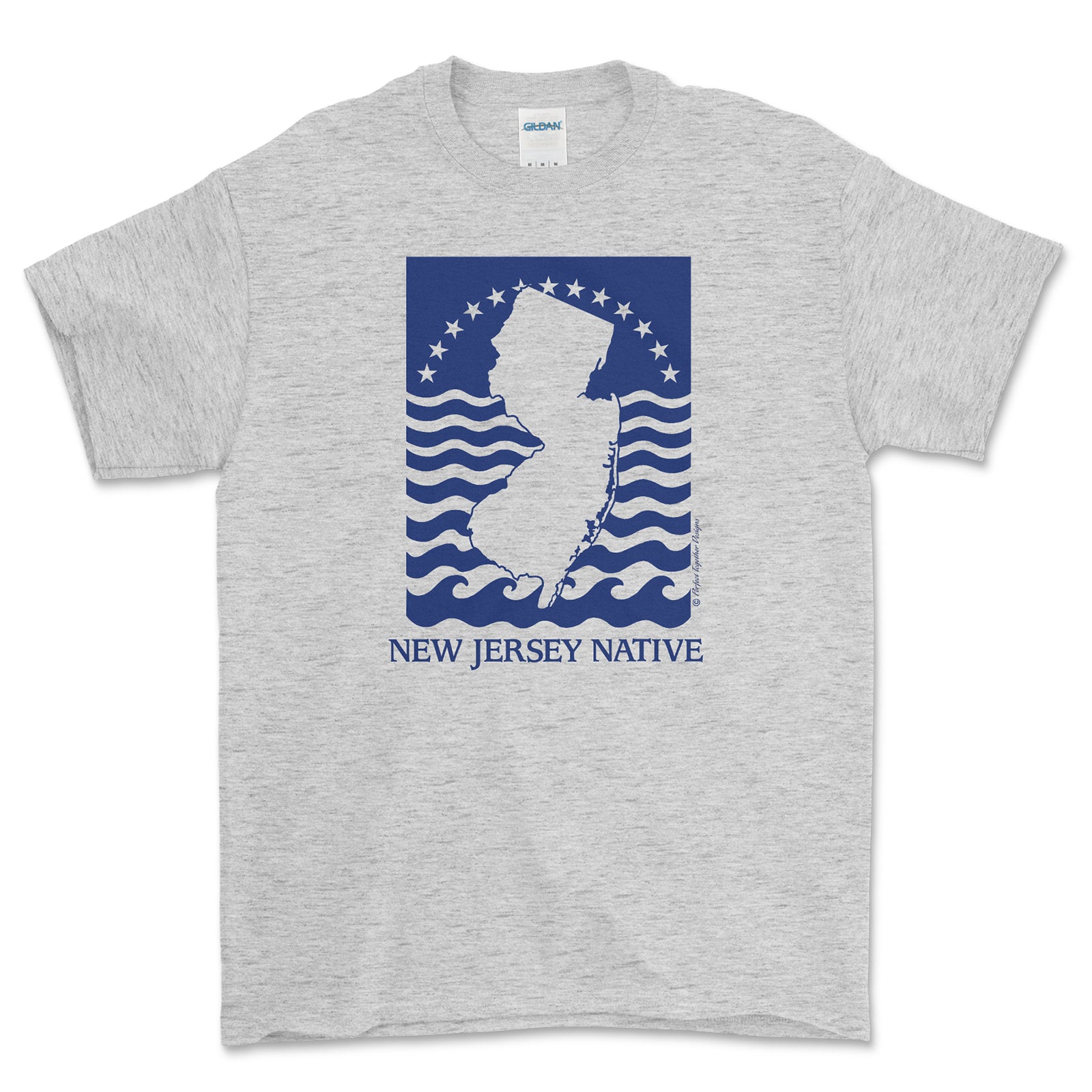Gray t-shirt with a blue New Jersey Native graphic on a white background