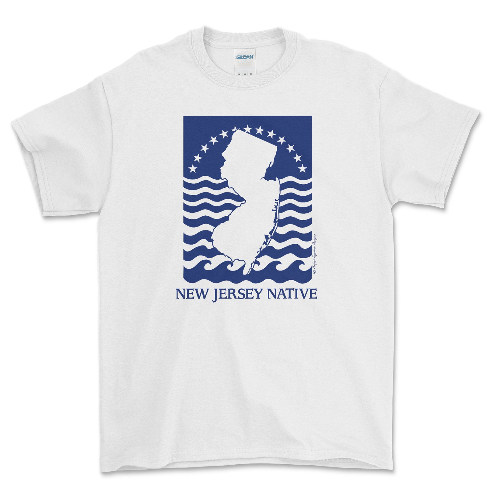 White t-shirt with blue and white graphic design on a white background