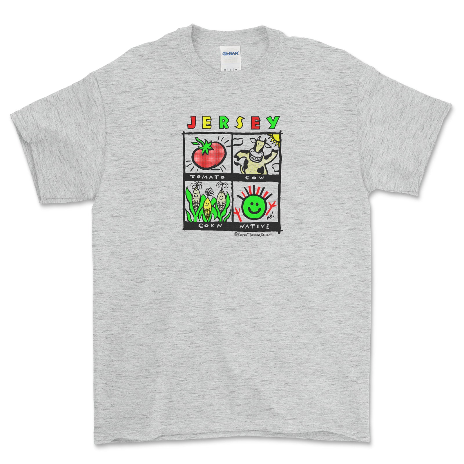 Gray t-shirt with colorful graphic design on a white background