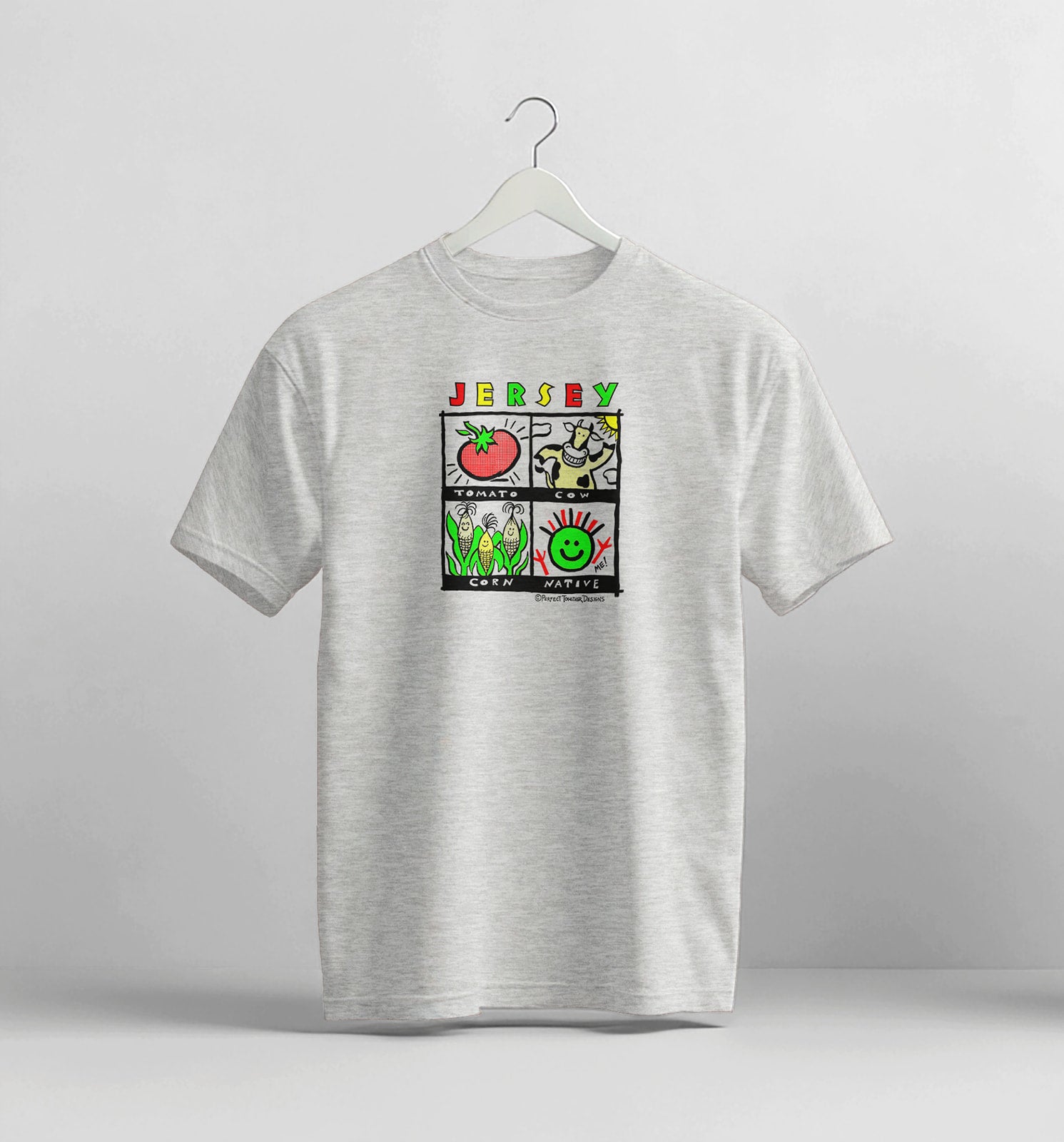 Gray t-shirt with colorful graphic design on a white background