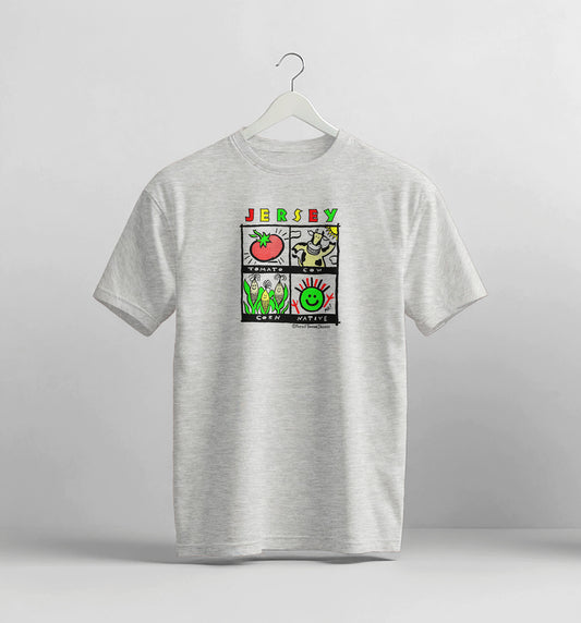 Gray t-shirt with colorful graphic design on a white background