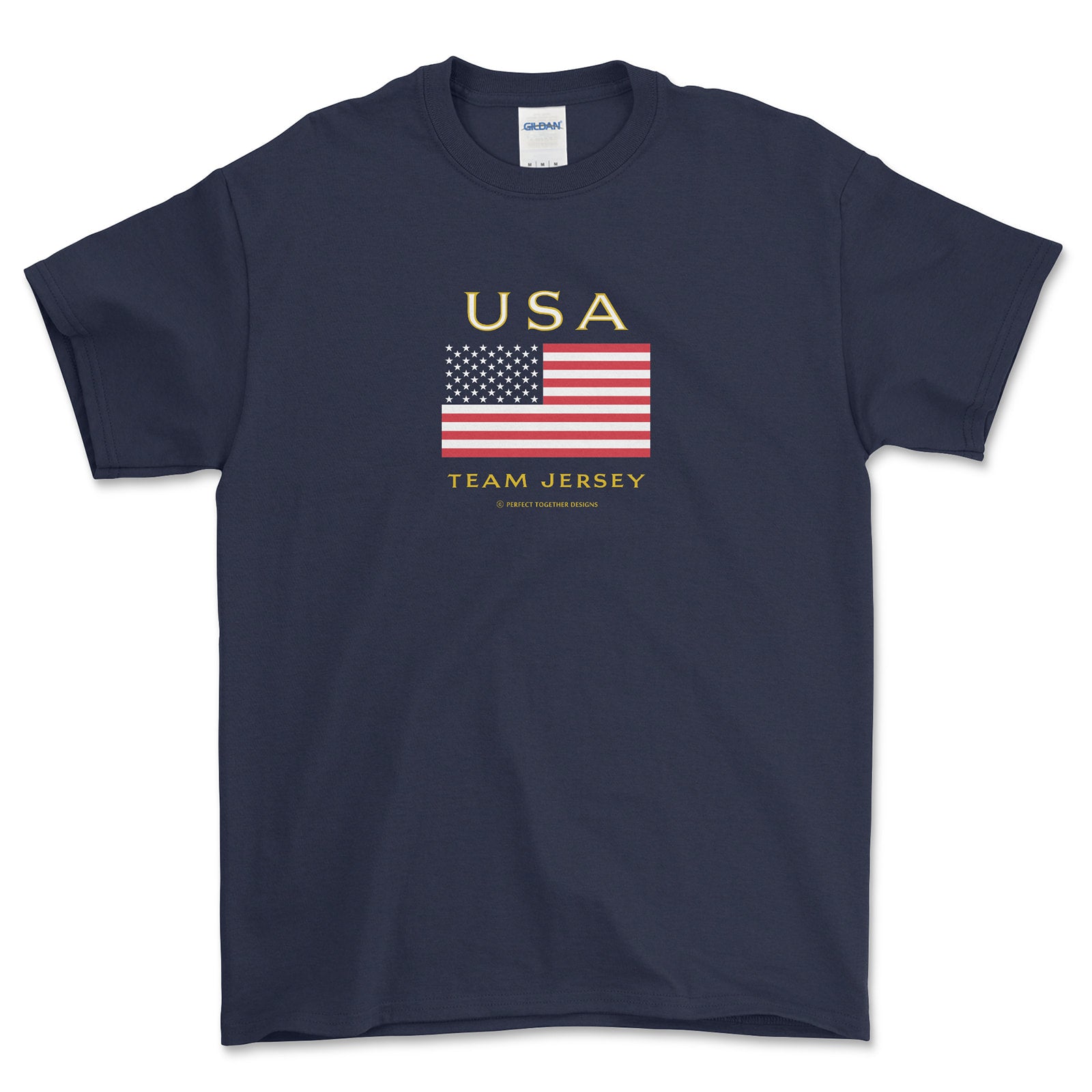 Navy blue t-shirt with USA flag and 'Team Jersey' text on a white background