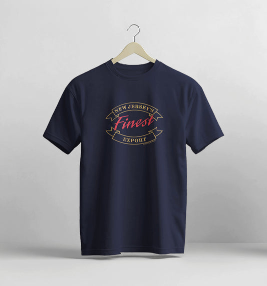 Navy blue t-shirt with 'New Jersey's Finest Export' text on a white background