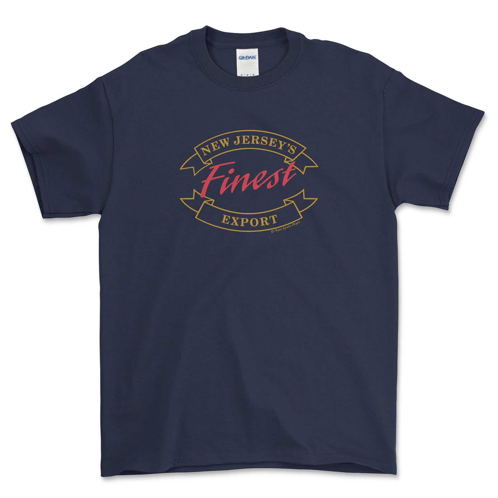 Navy blue t-shirt with 'New Jersey's Finest Export' text on a white background