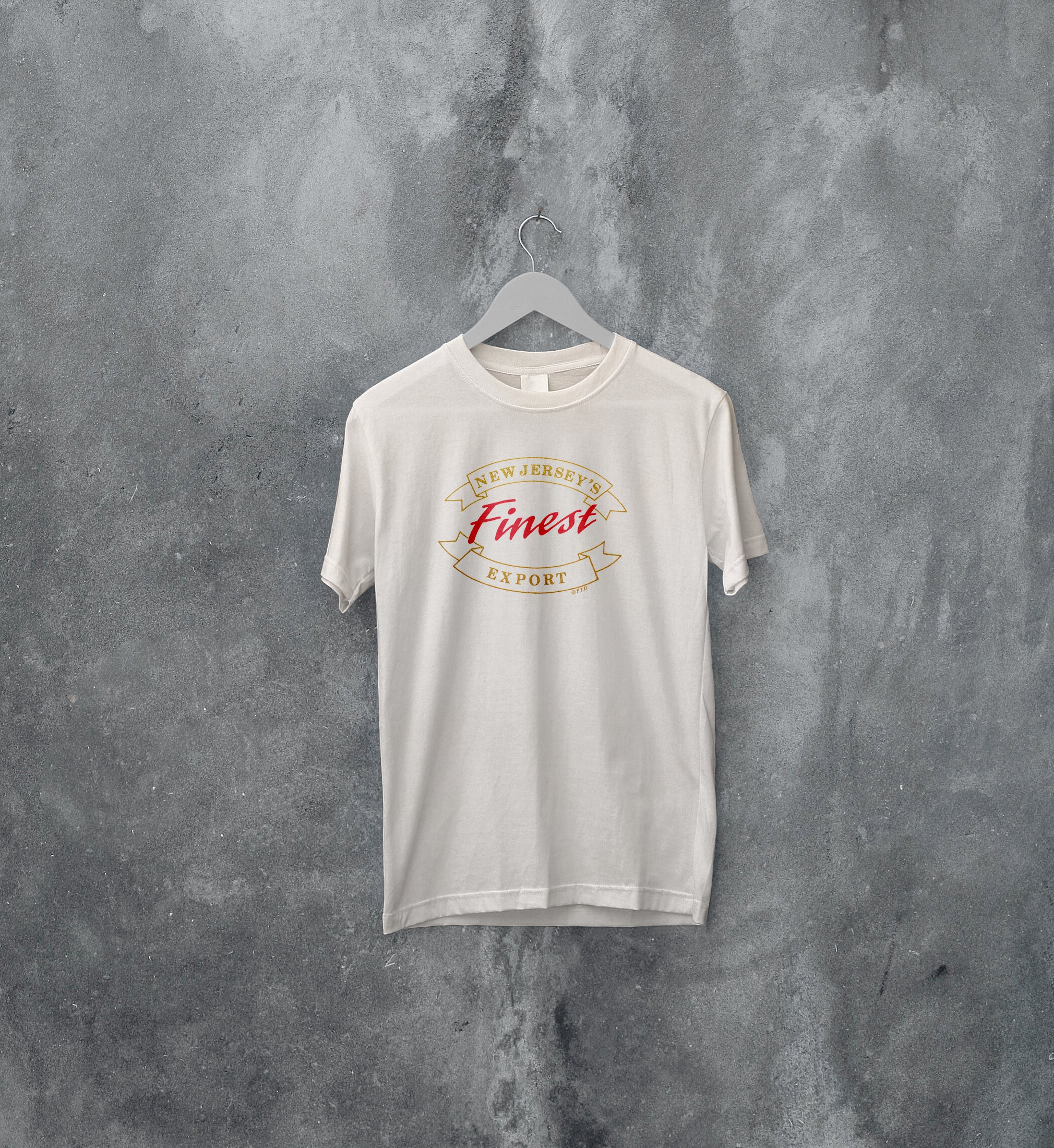White t-shirt with a logo on a gray textured wall