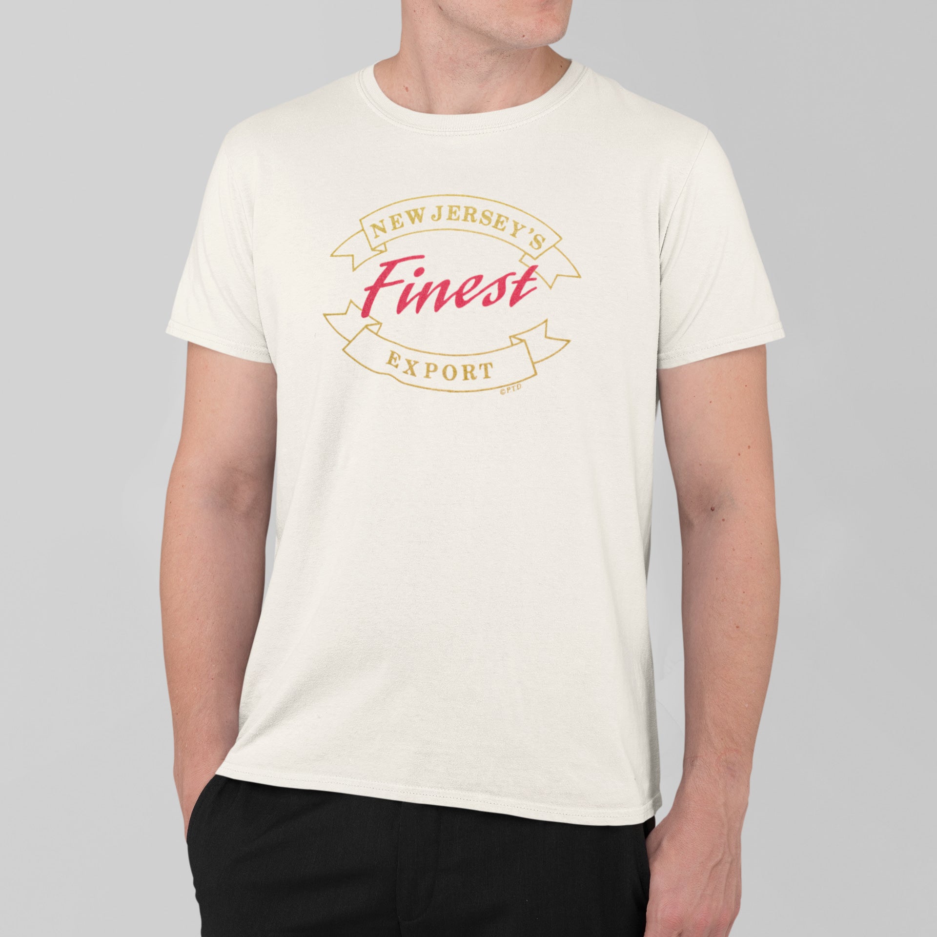 Person wearing a white t-shirt with 'New Jersey's Finest Export' text on a gray background