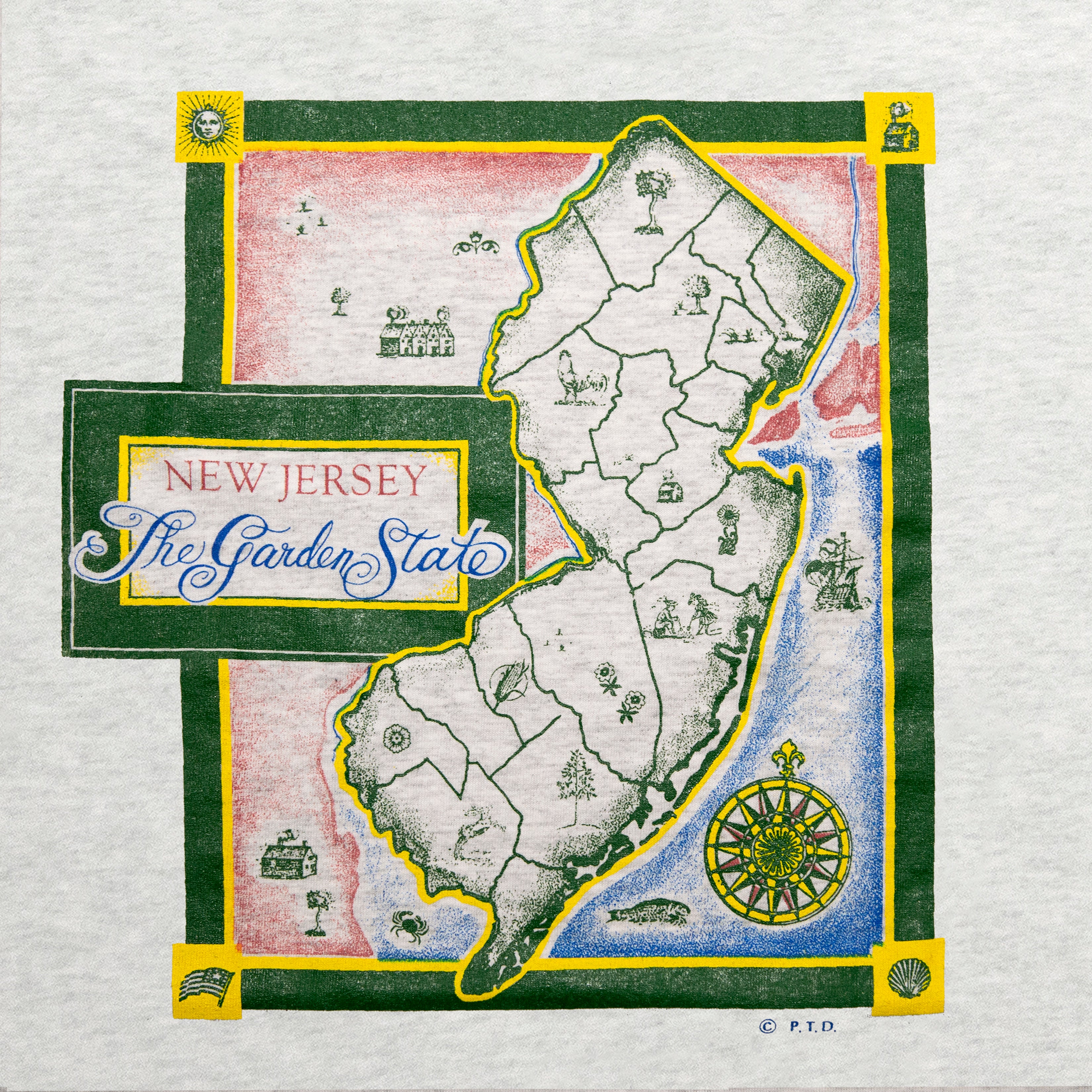 Map of New Jersey with decorative border and text on a textured background