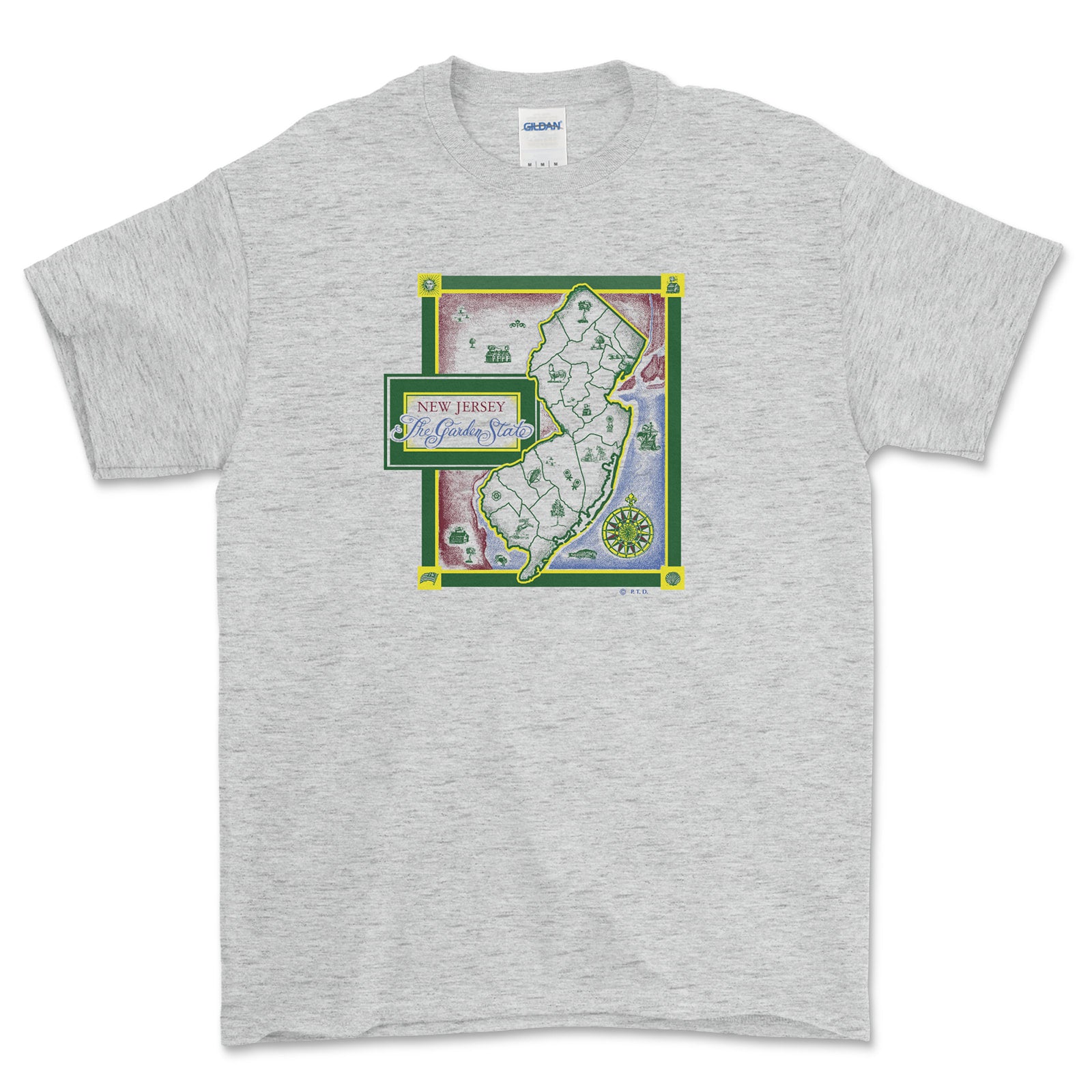 Gray t-shirt with a map of New Jersey design on a white background