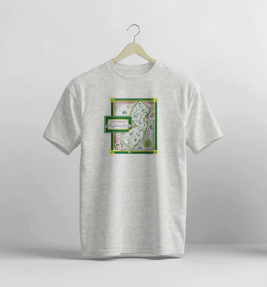 Gray t-shirt with a graphic design on a white background