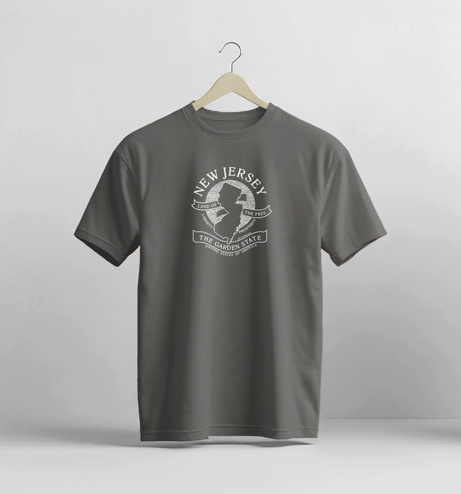 Gray t-shirt with 'New Jersey' graphic on a hanger against a light gray background