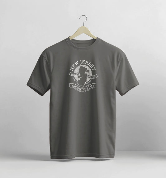 Gray t-shirt with 'New Jersey' graphic on a hanger against a light gray background