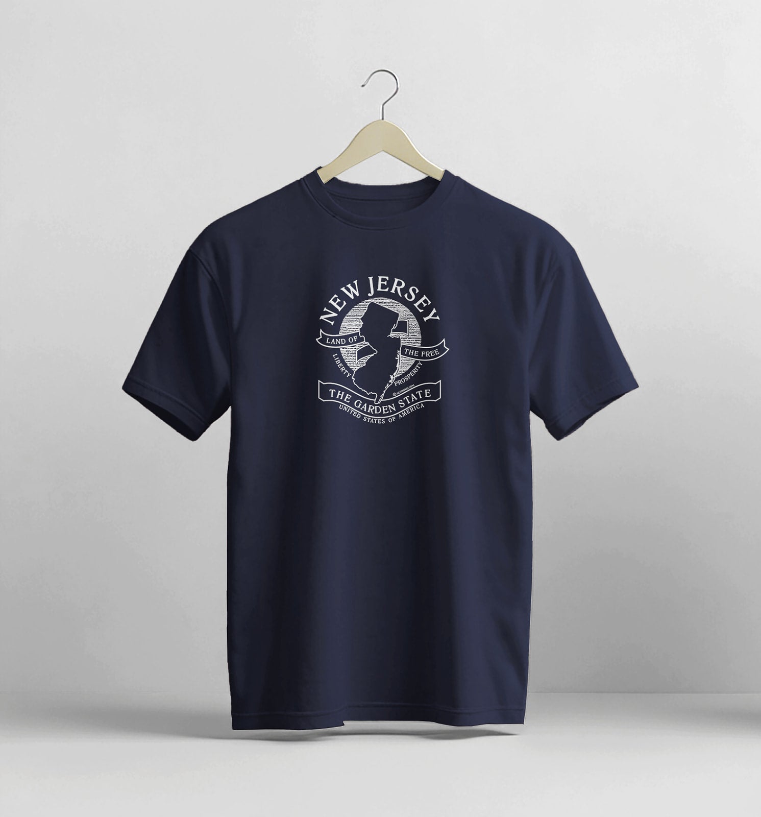 Navy blue t-shirt with 'New Jersey's Finest Export' text on a white background