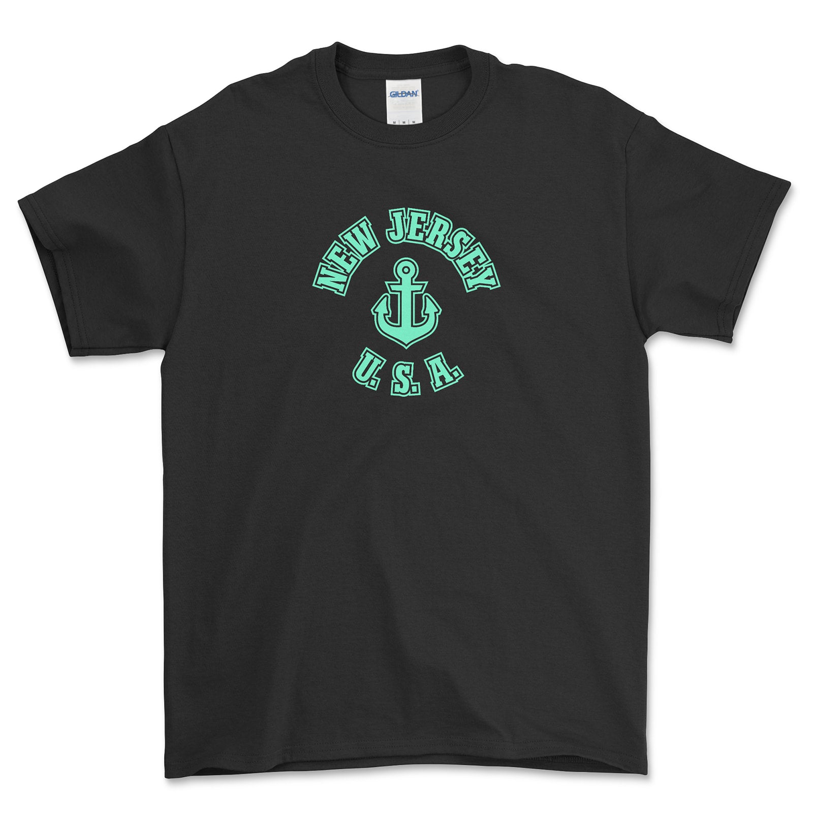 Black t-shirt with green 'New Jersey USA' anchor design on a white background