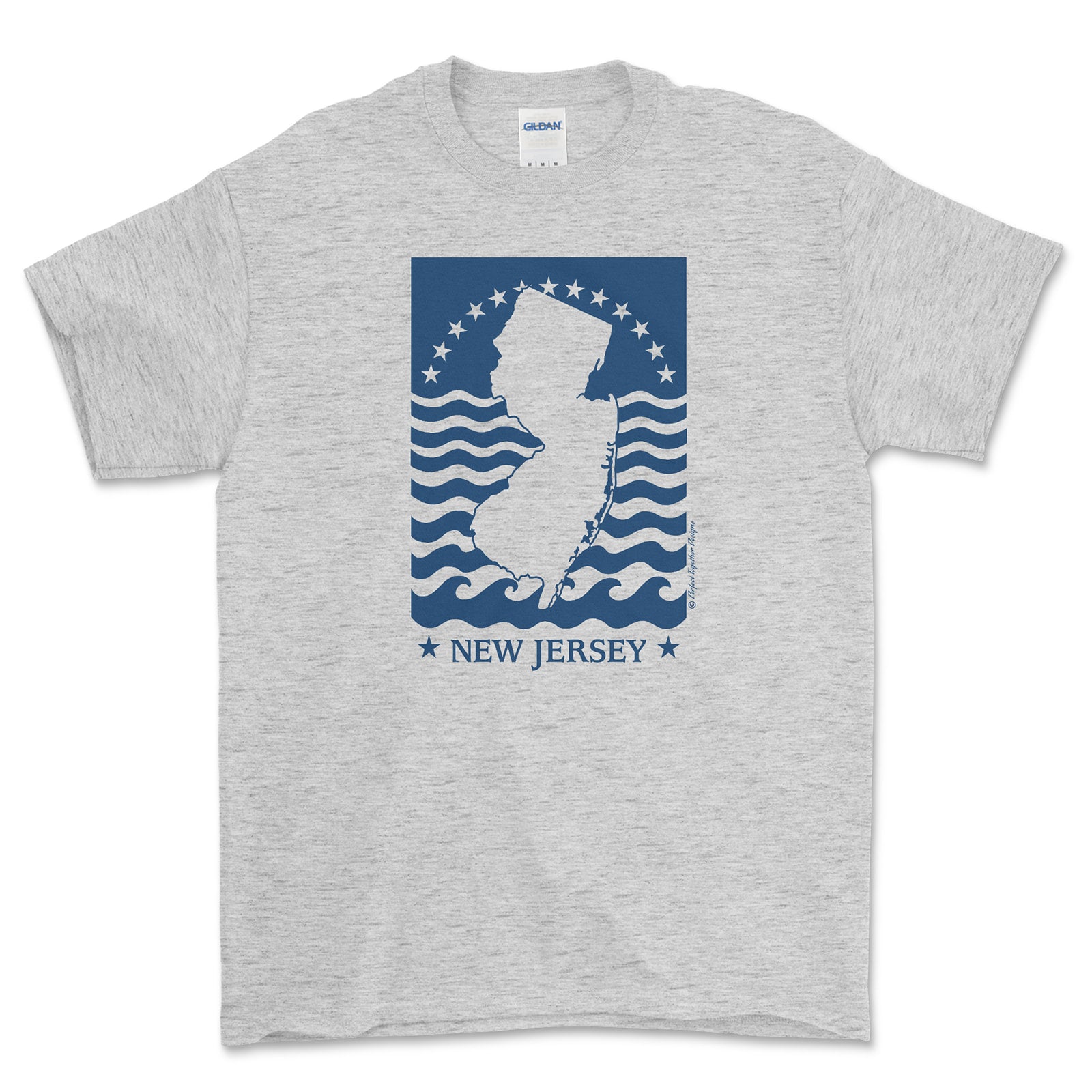Gray t-shirt with New Jersey graphic design on a white background
