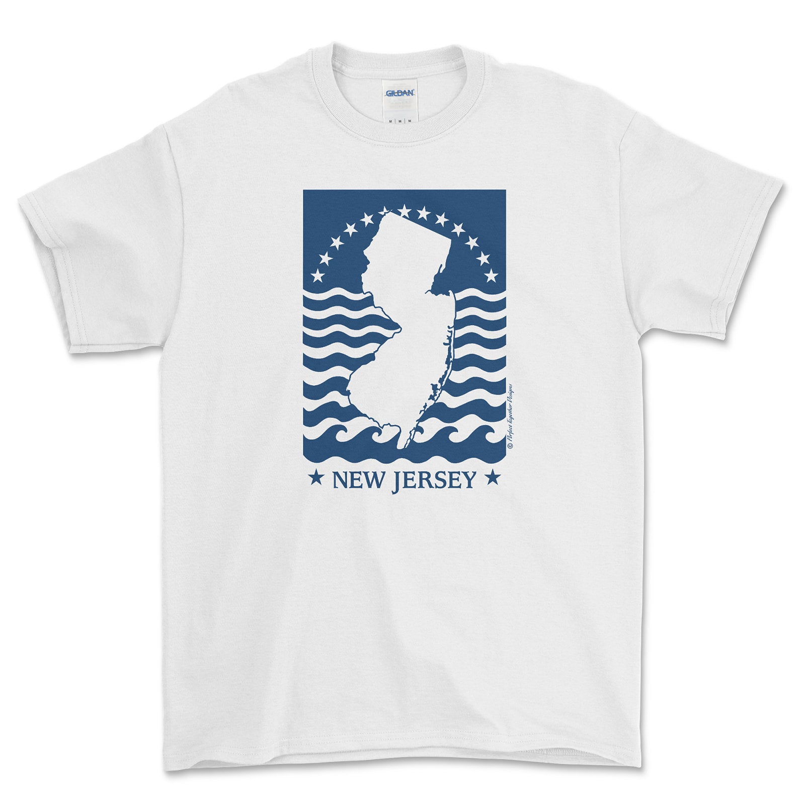 White t-shirt with New Jersey map design on a white background