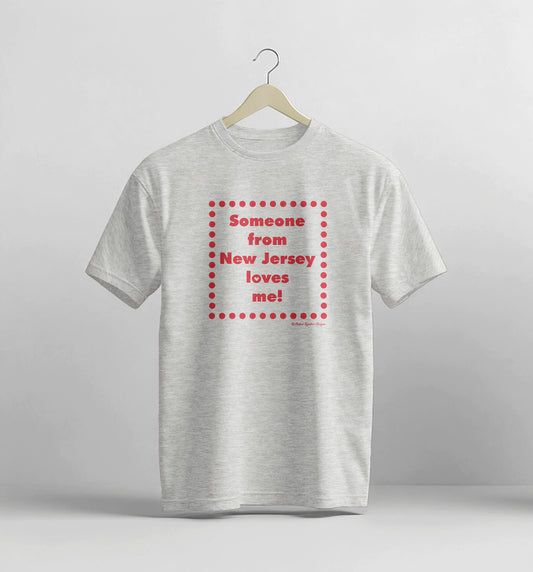 Gray t-shirt with red text on a white background