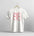 White t-shirt with red text on a hanger against a gray background
