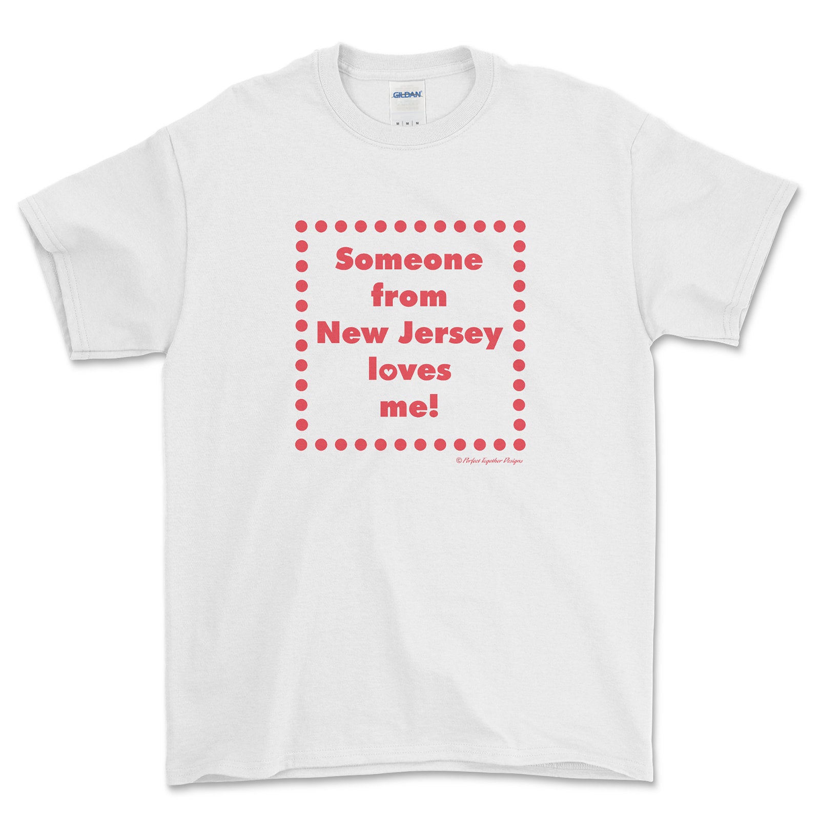 White t-shirt with red text and polka dots on a white background
