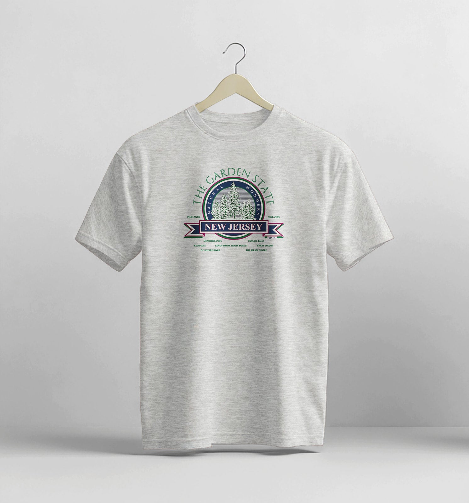 Gray t-shirt with 'The Garden State New Jersey' graphic on a white background