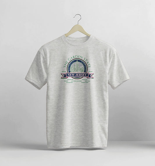 Gray t-shirt with 'The Garden State New Jersey' graphic on a white background