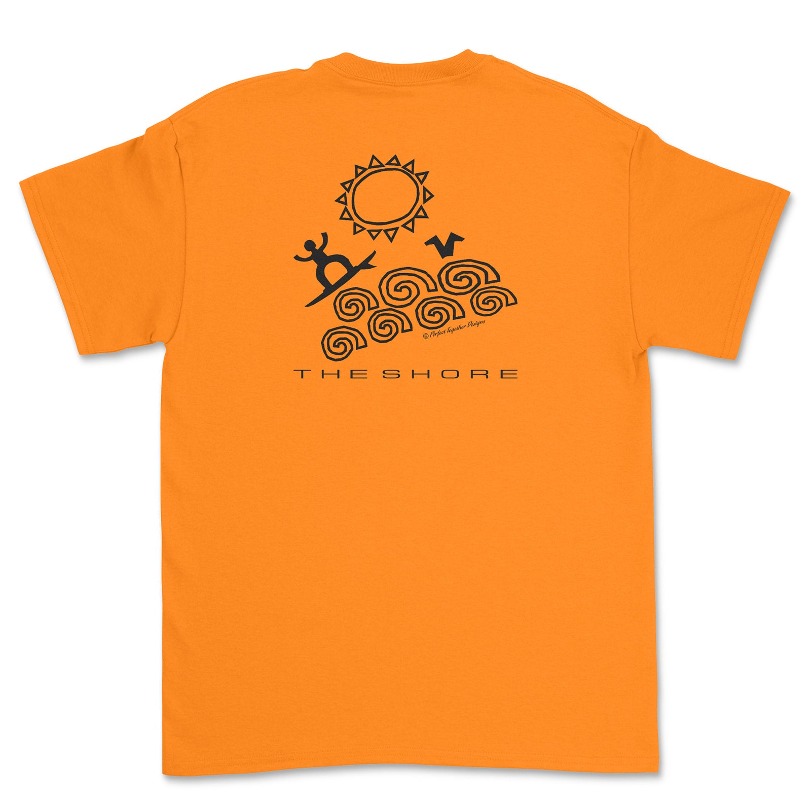 Orange t-shirt with black graphics and text on a white background