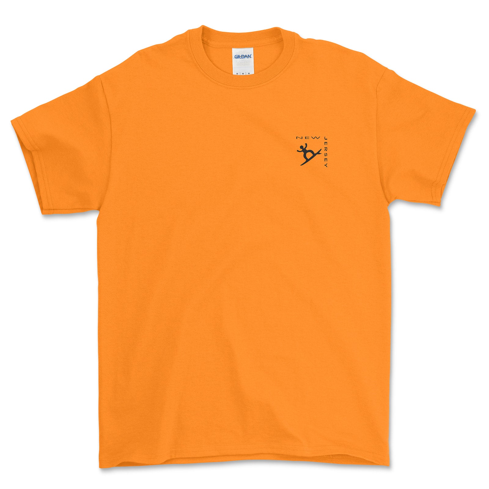 Orange t-shirt with a small black graphic on the chest against a white background
