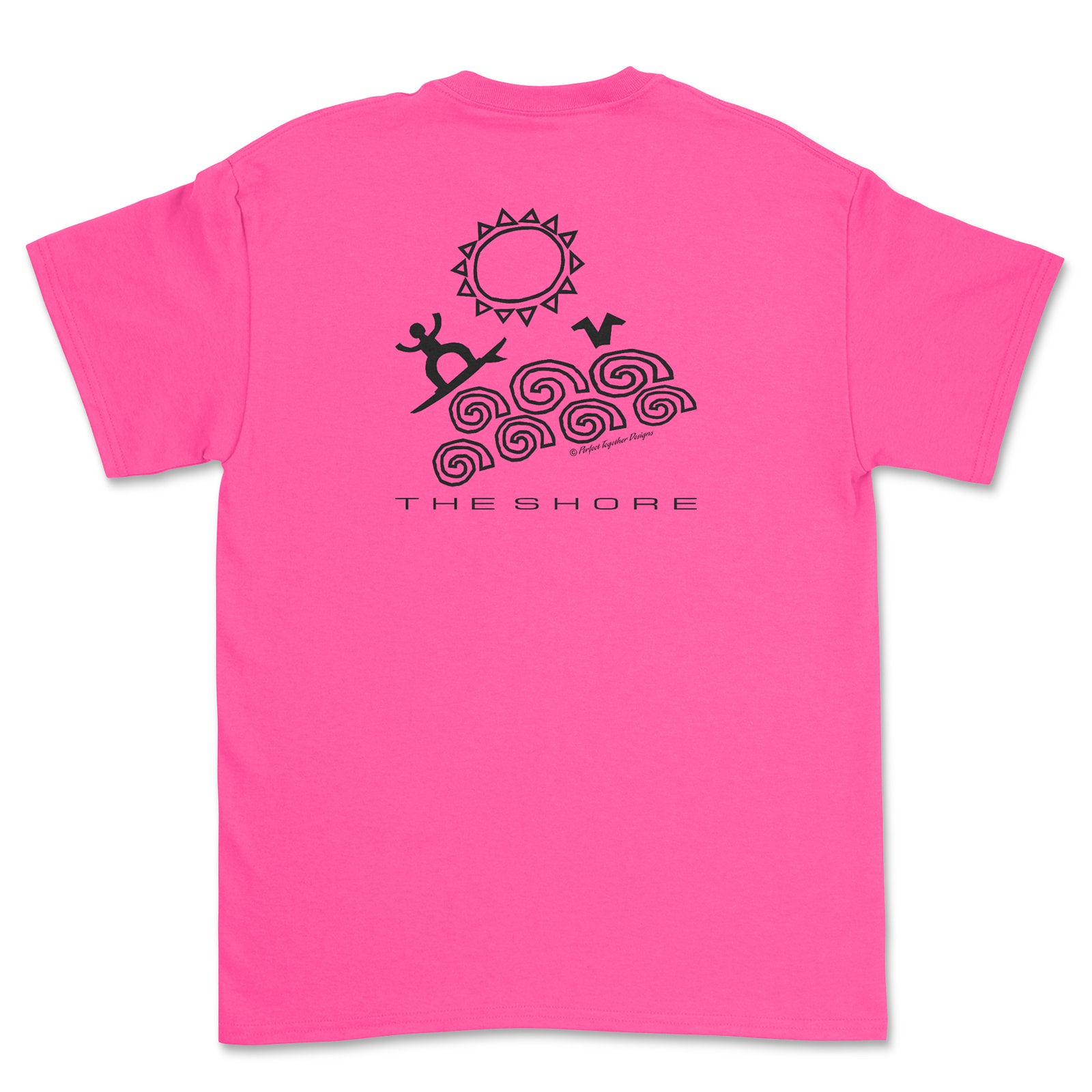 Pink t-shirt with black graphics and 'The Shore' text on a white background