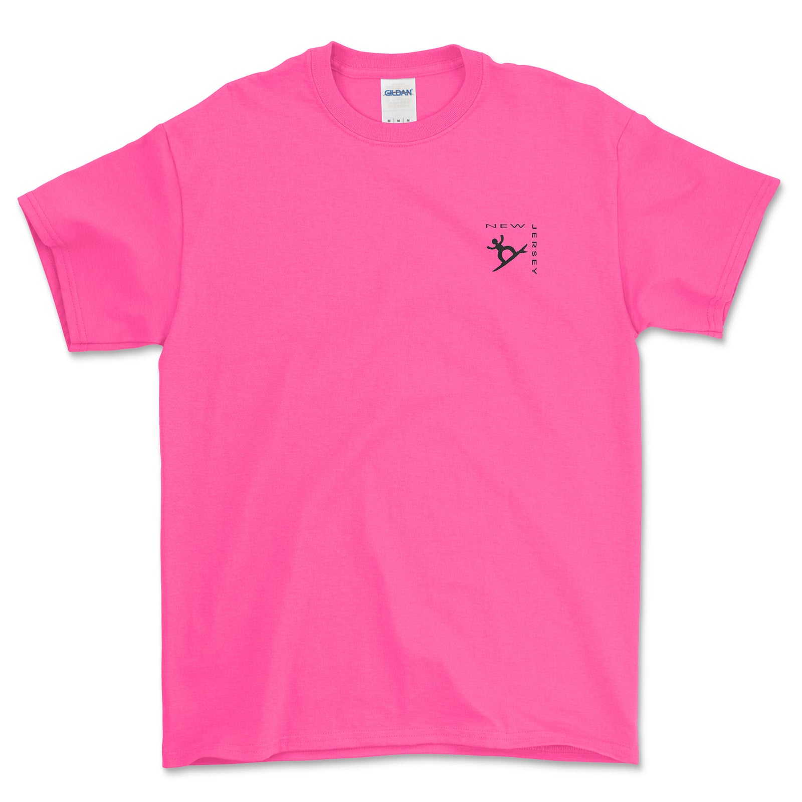 Pink t-shirt with a small black graphic on the chest against a white background