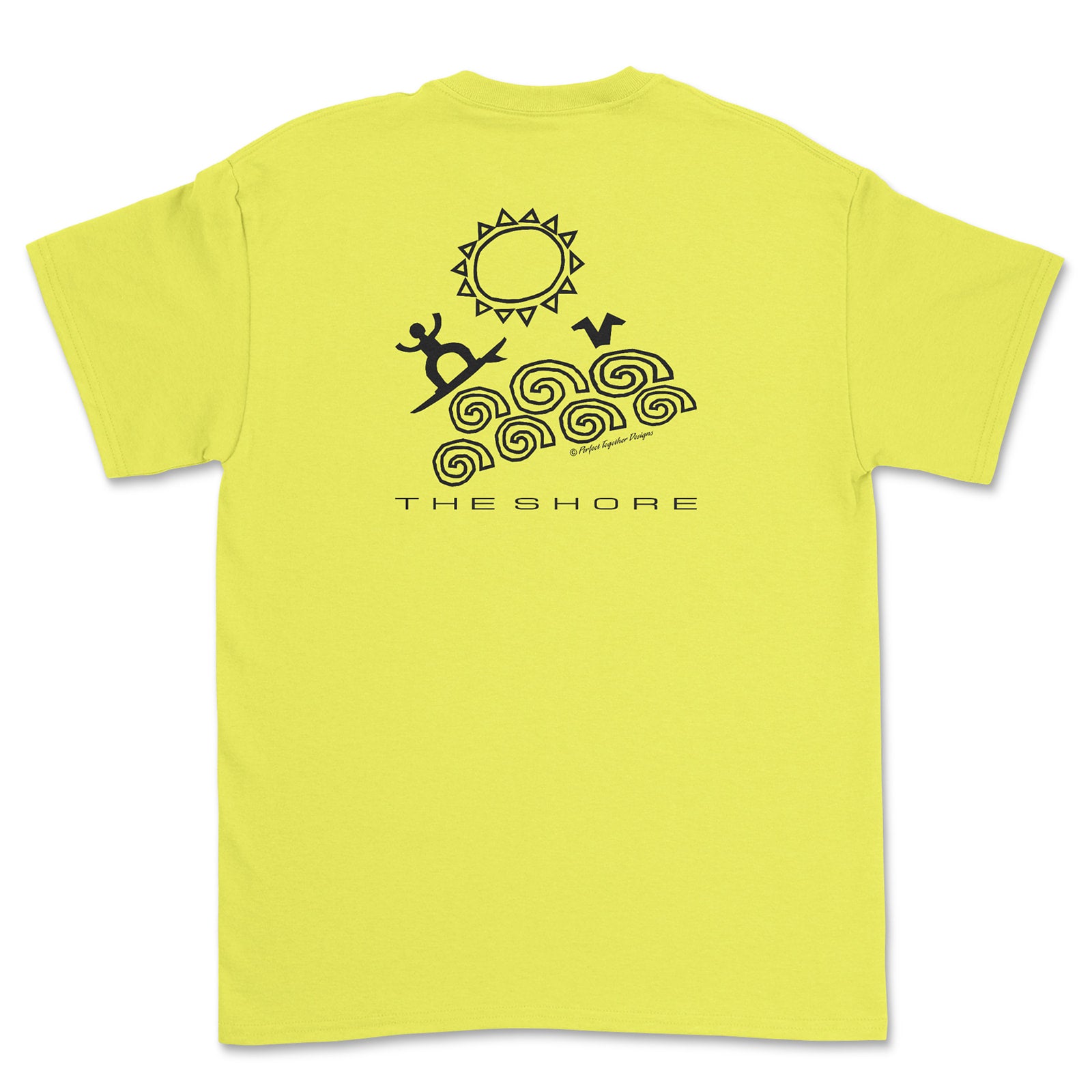 Yellow t-shirt with black graphic design on the back on a white background