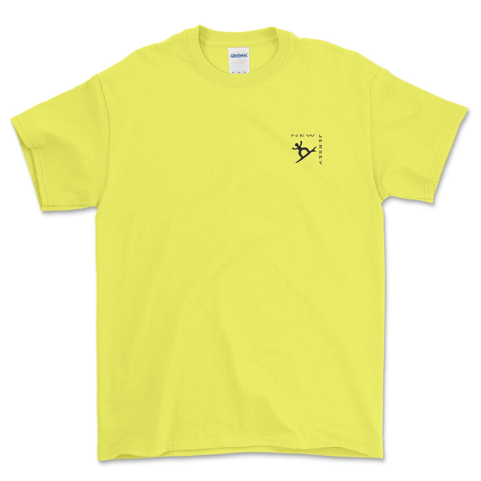 Yellow t-shirt with a small black logo on the chest against a white background