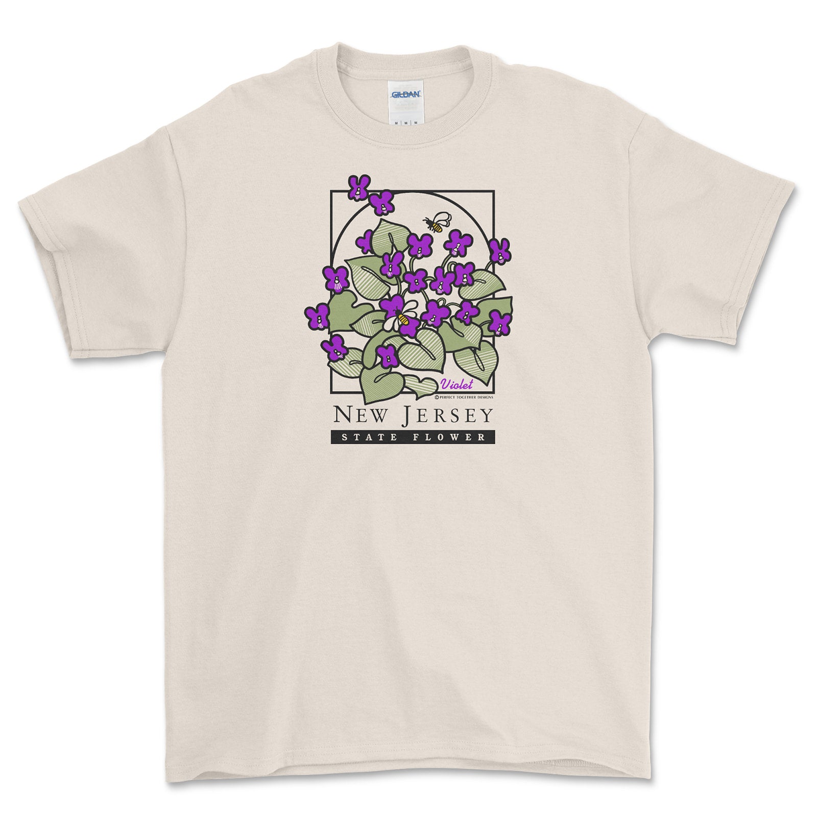 Beige t-shirt with New Jersey state flower design on a white background