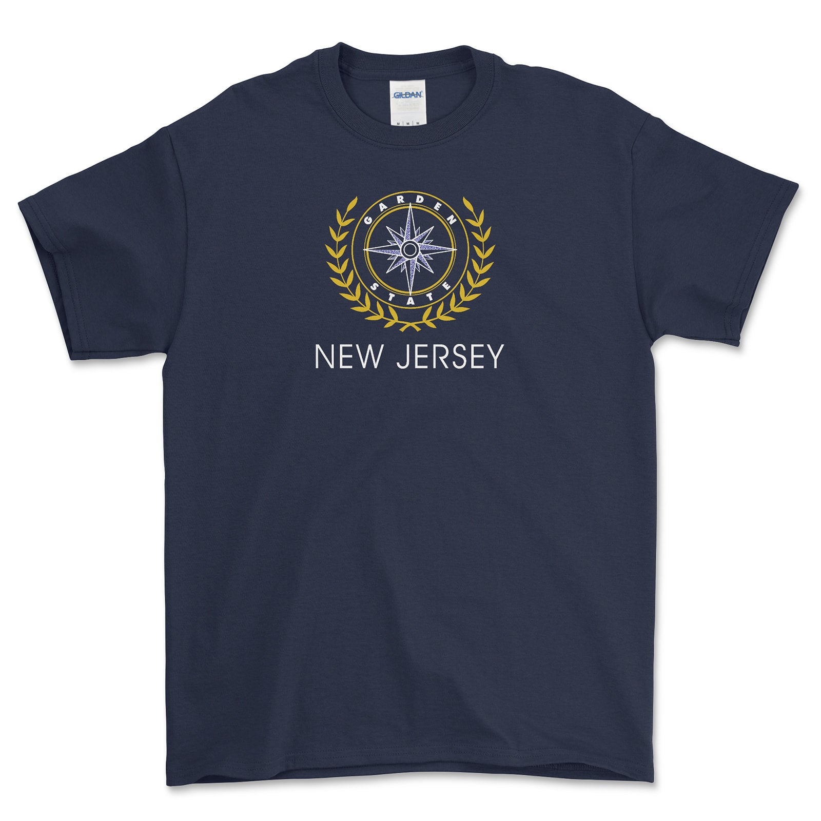 Navy blue t-shirt with 'New Jersey' design on a white background