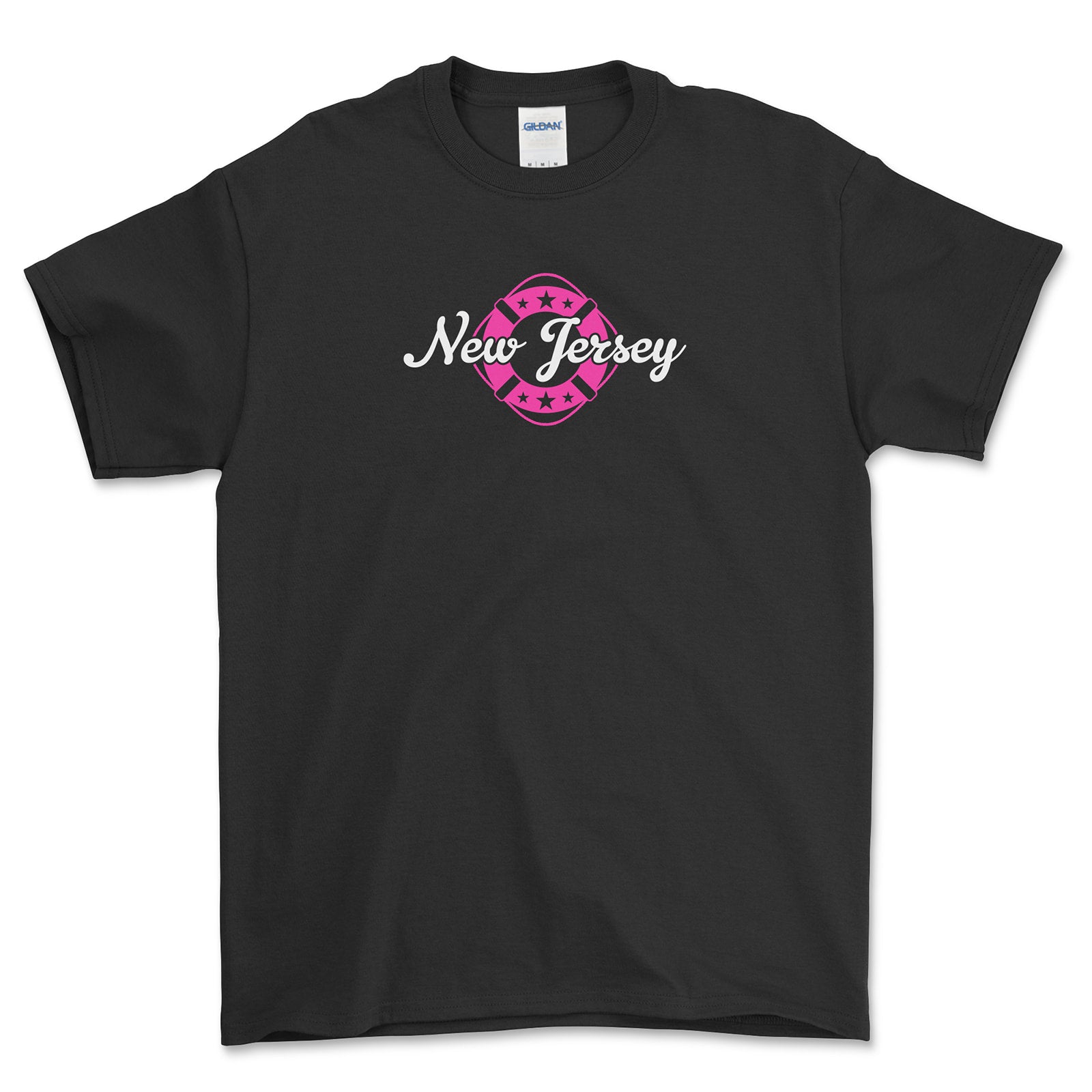 Black t-shirt with 'New Jersey' design on a white background
