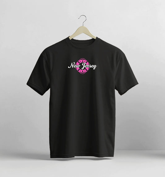 Black t-shirt with 'New Jersey' design on a hanger against a gray background