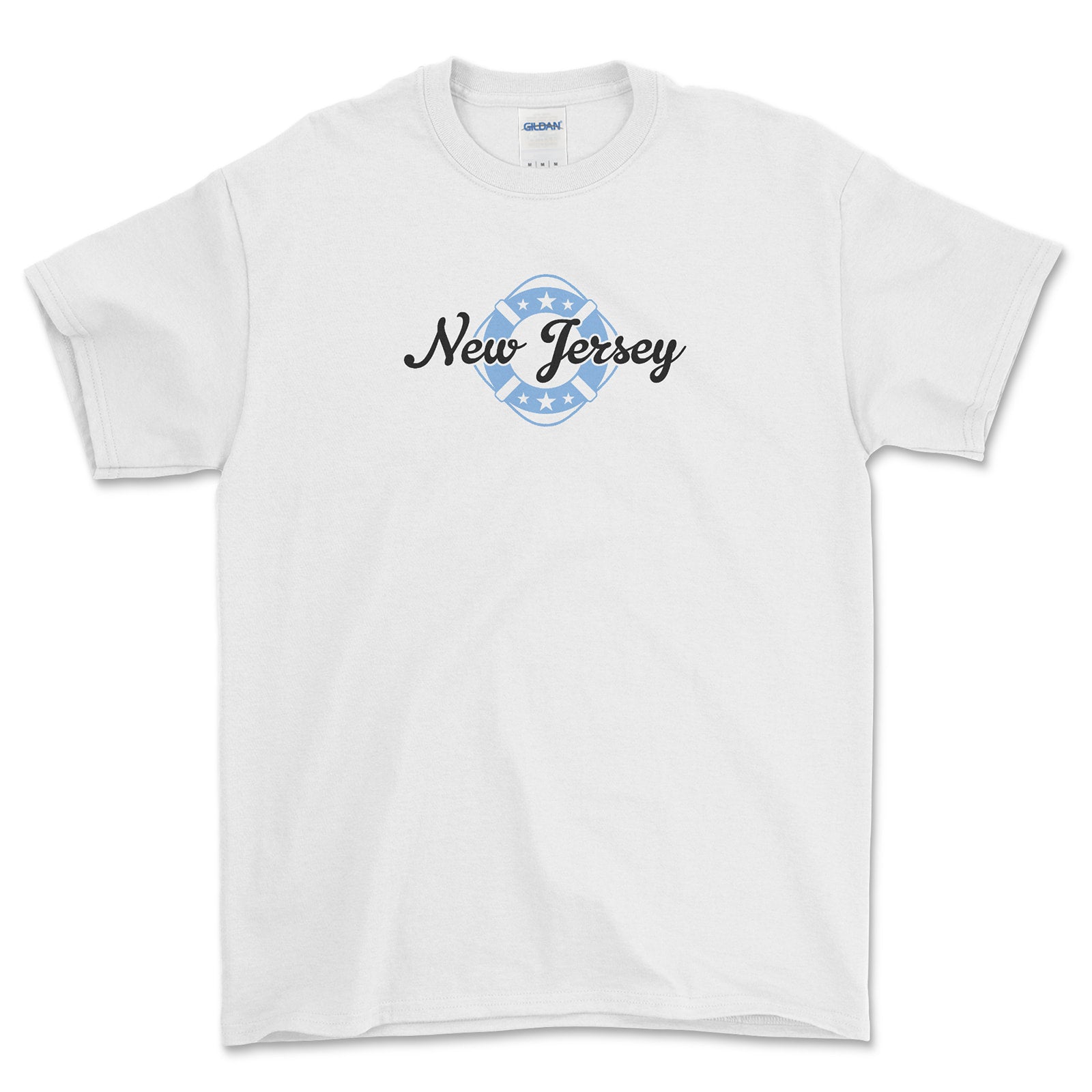 White t-shirt with 'New Jersey' design on a white background