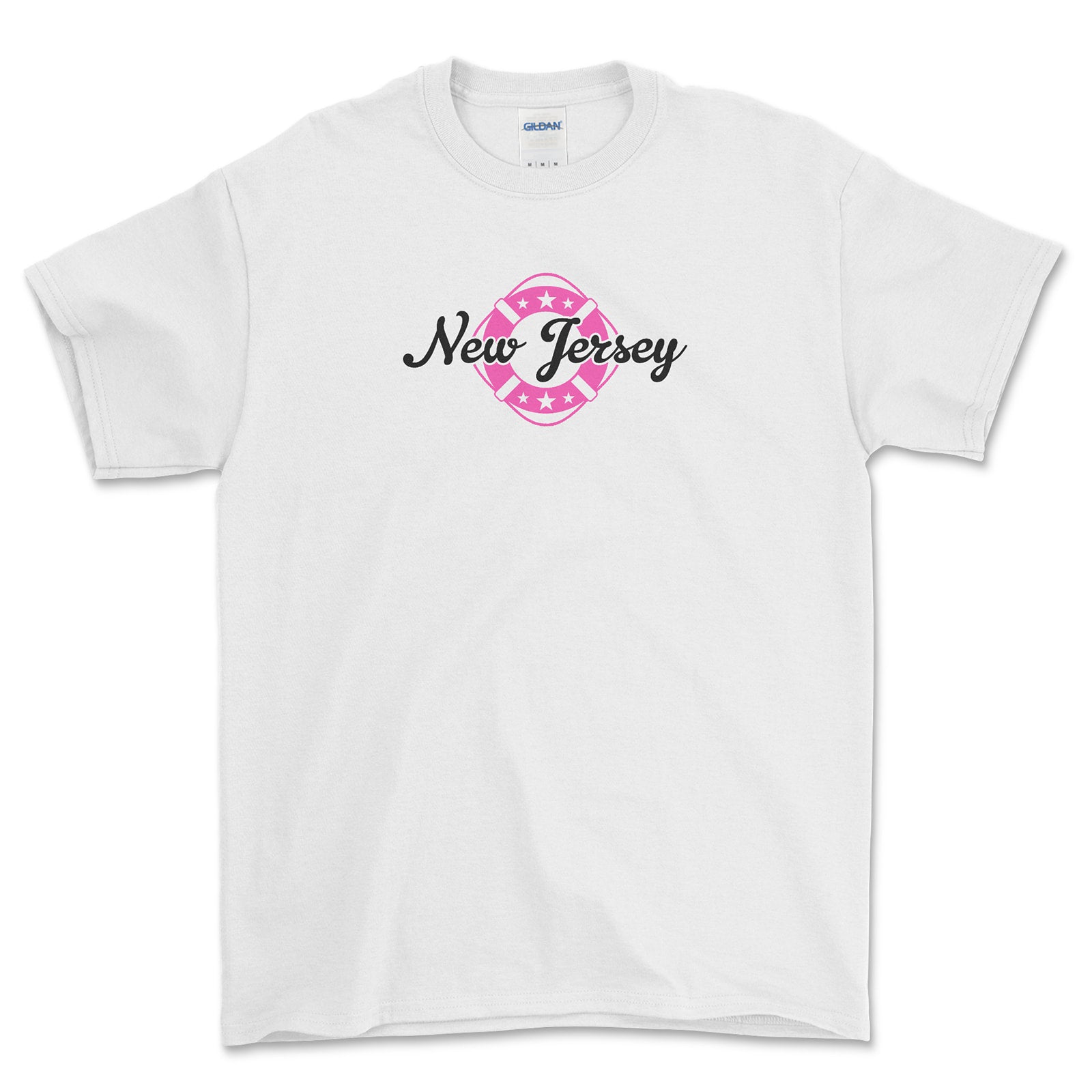 White t-shirt with 'New Jersey' text and pink graphic on a white background