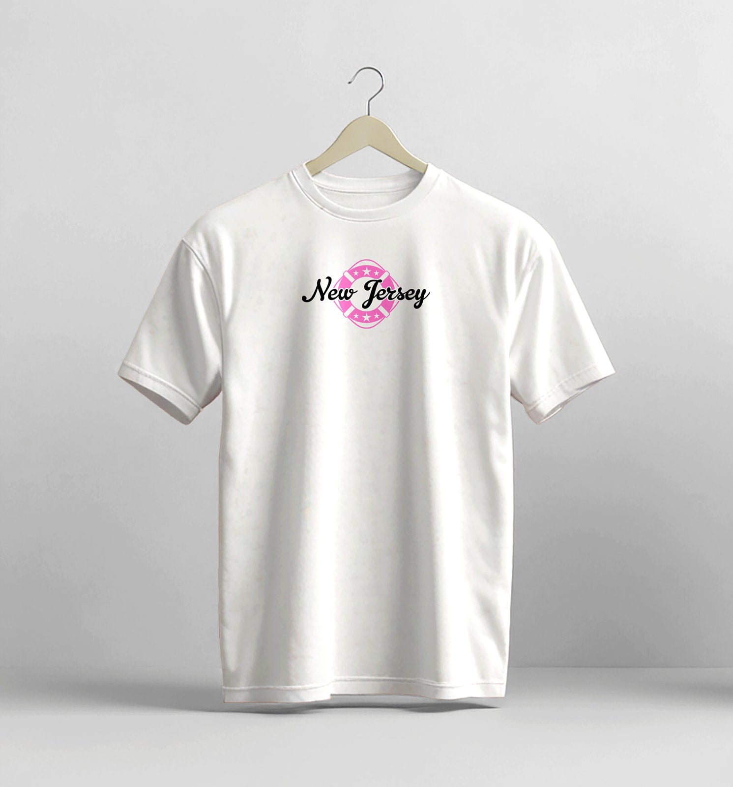 White t-shirt with 'New Jersey' text on a hanger against a gray background
