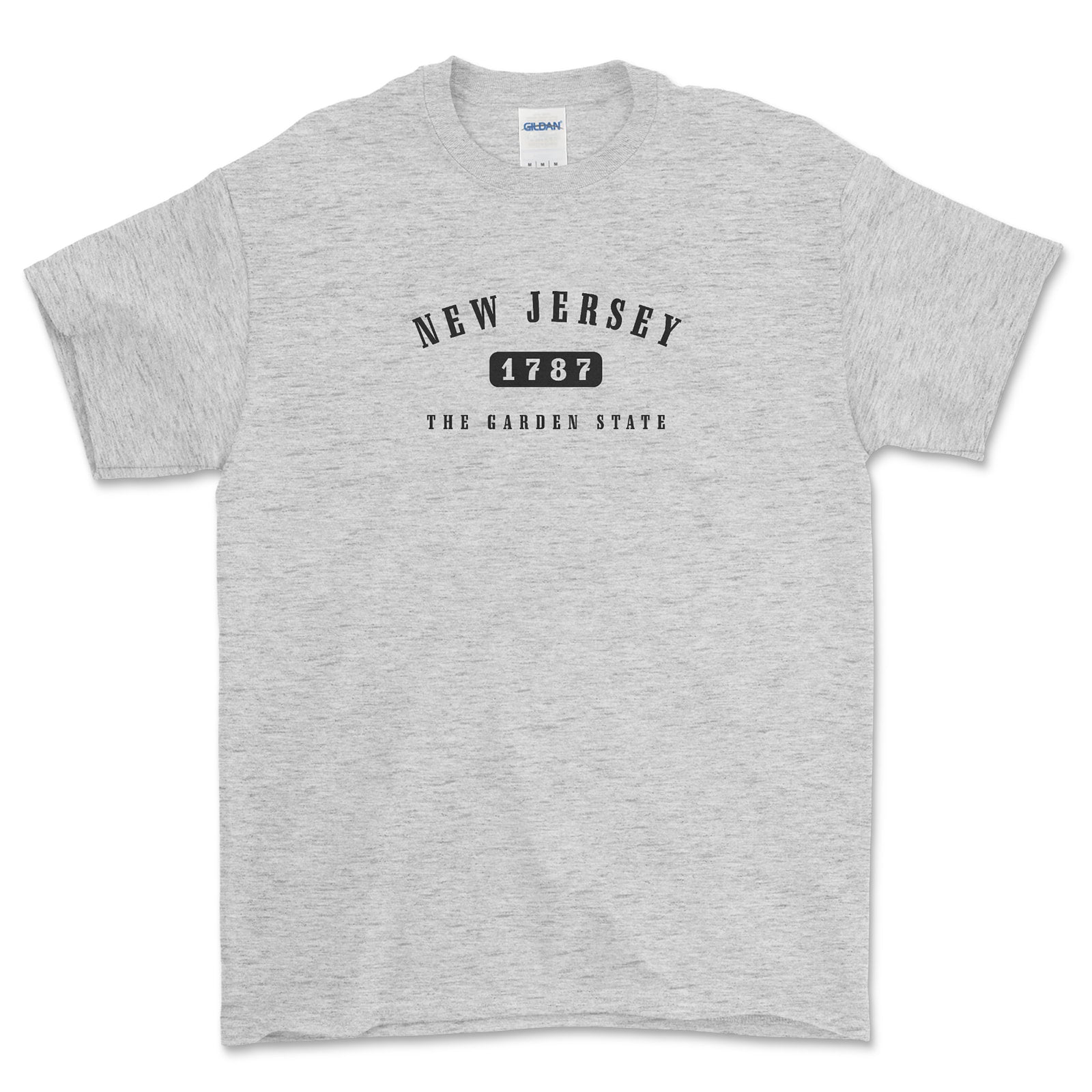 Gray t-shirt with 'New Jersey 1787 The Garden State' text on a white background