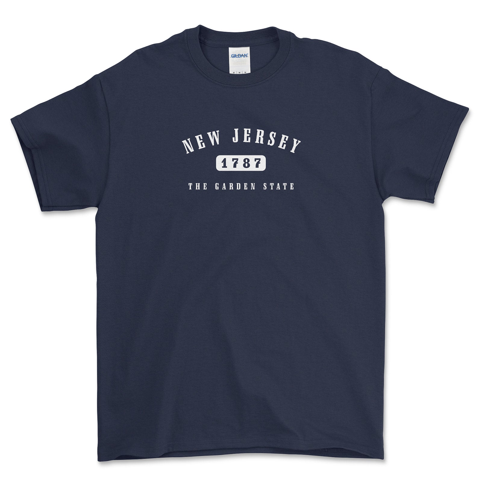Navy blue t-shirt with 'New Jersey 1787 The Garden State' text on a white background