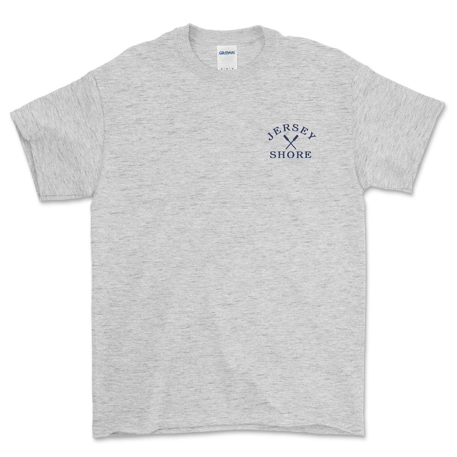 Gray t-shirt with 'Jersey Shore' text and logo on a white background
