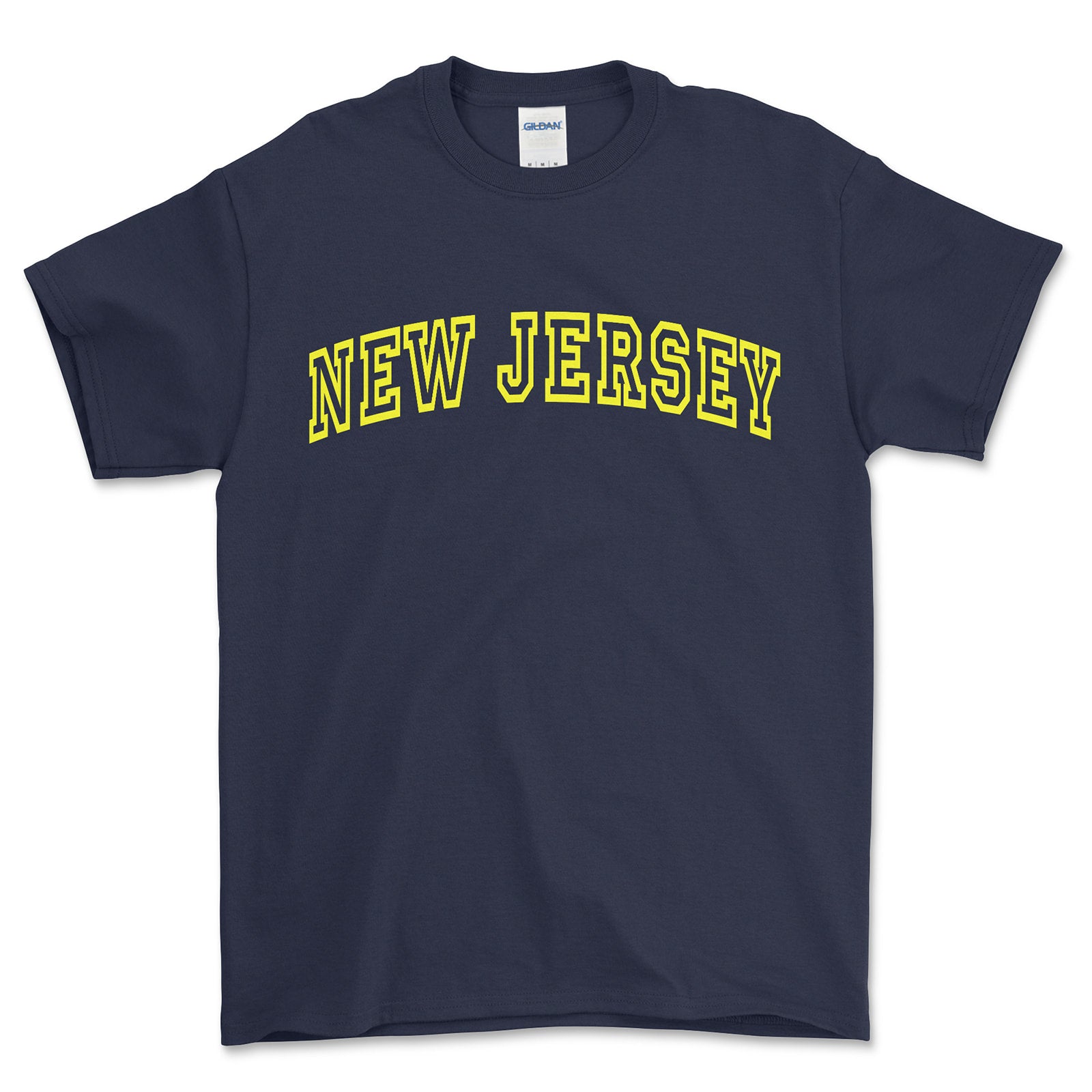 Navy blue t-shirt with 'NEW JERSEY' printed in yellow on a white background
