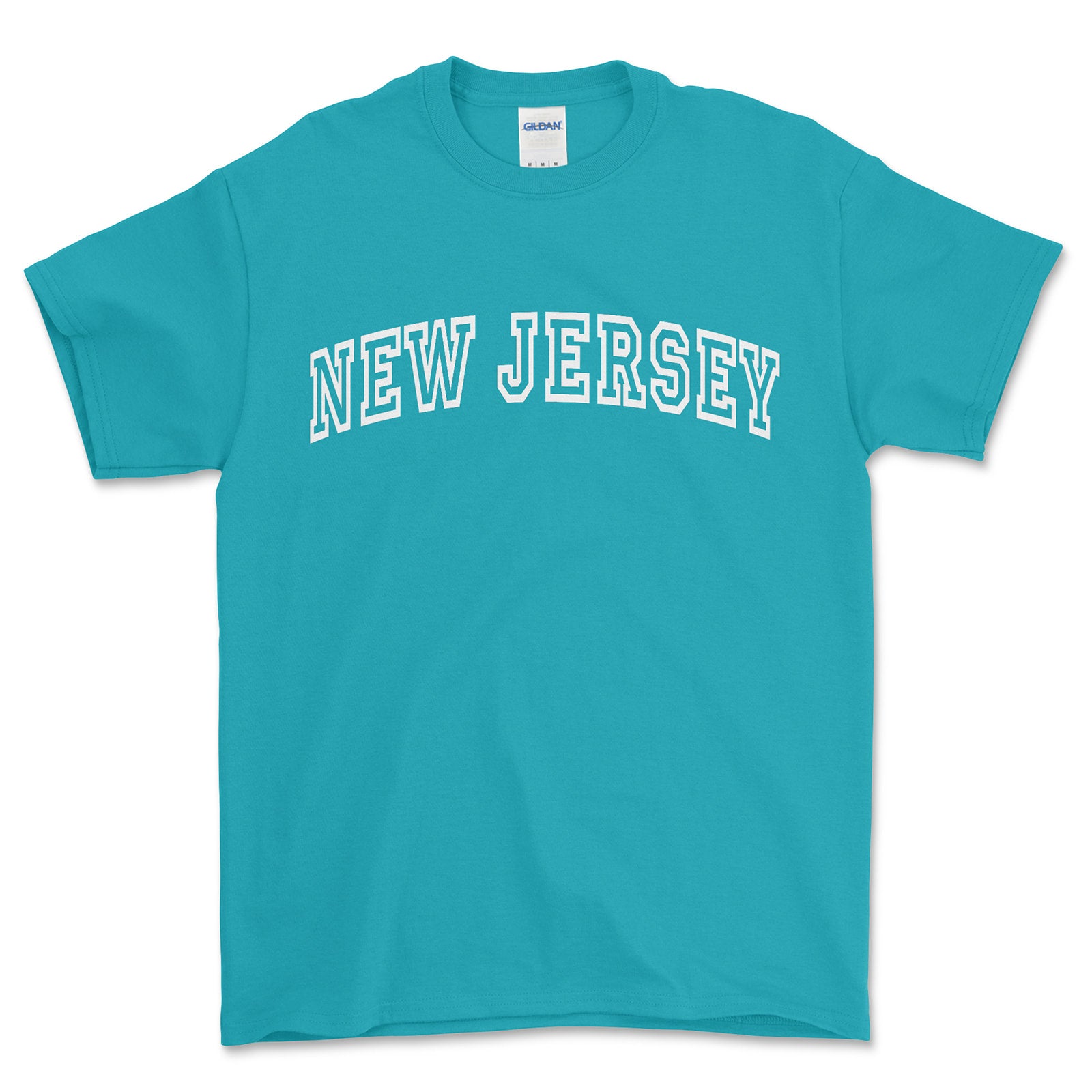 Turquoise t-shirt with 'NEW JERSEY' text on a white background