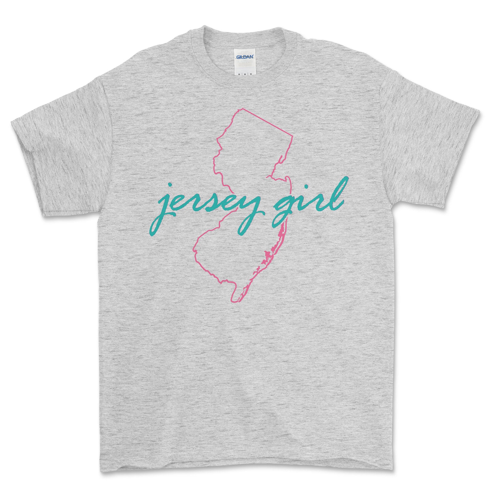 Gray t-shirt with 'jersey girl' text and outline of New Jersey on a white background