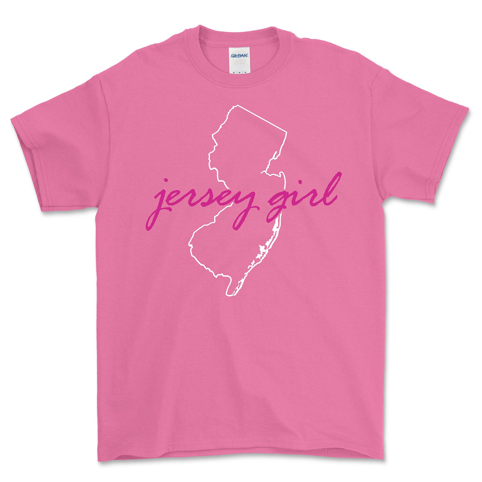 Pink t-shirt with 'jersey girl' text and New Jersey outline on a white background